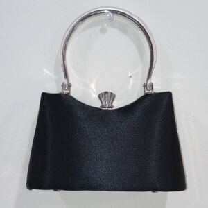 Black Poi De Soie Black Satin with Silver Trim Structured Evening Bag